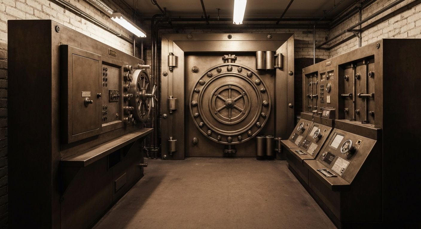 An extreme close-up of industrial banking machinery and equipment, conveying the tangible, physical nature of financial institutions and their infrastructure.