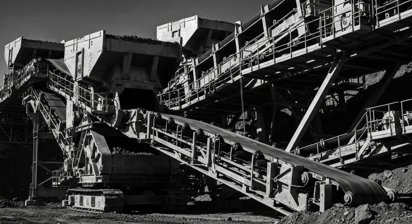 A high-contrast, black-and-white close-up image of heavy industrial gold mining equipment, representing the tangible, physical assets and machinery that power the gold extraction process.