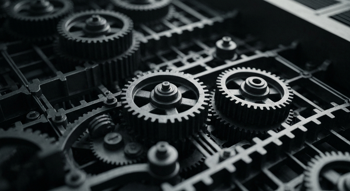 A highly detailed, black-and-white close-up image of the inner workings of a financial trading system, with gears, circuits, and other mechanical components filling the frame. The image conveys a sense of the intricate, powerful, and impersonal nature of modern finance.