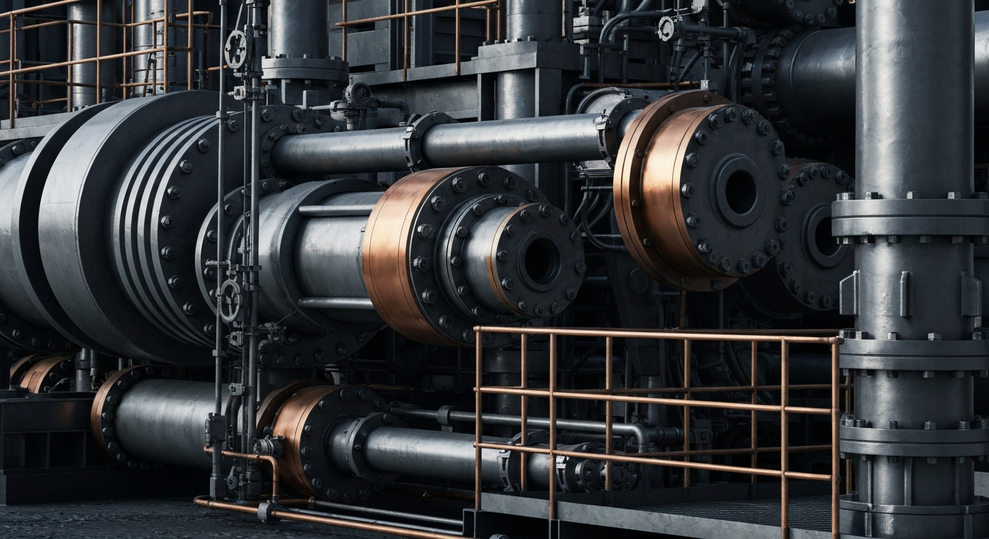An extreme close-up of the gears, pipes, and valves of an industrial oil and gas facility, conveying the physical scale and technical sophistication of the energy infrastructure that powers the global economy.