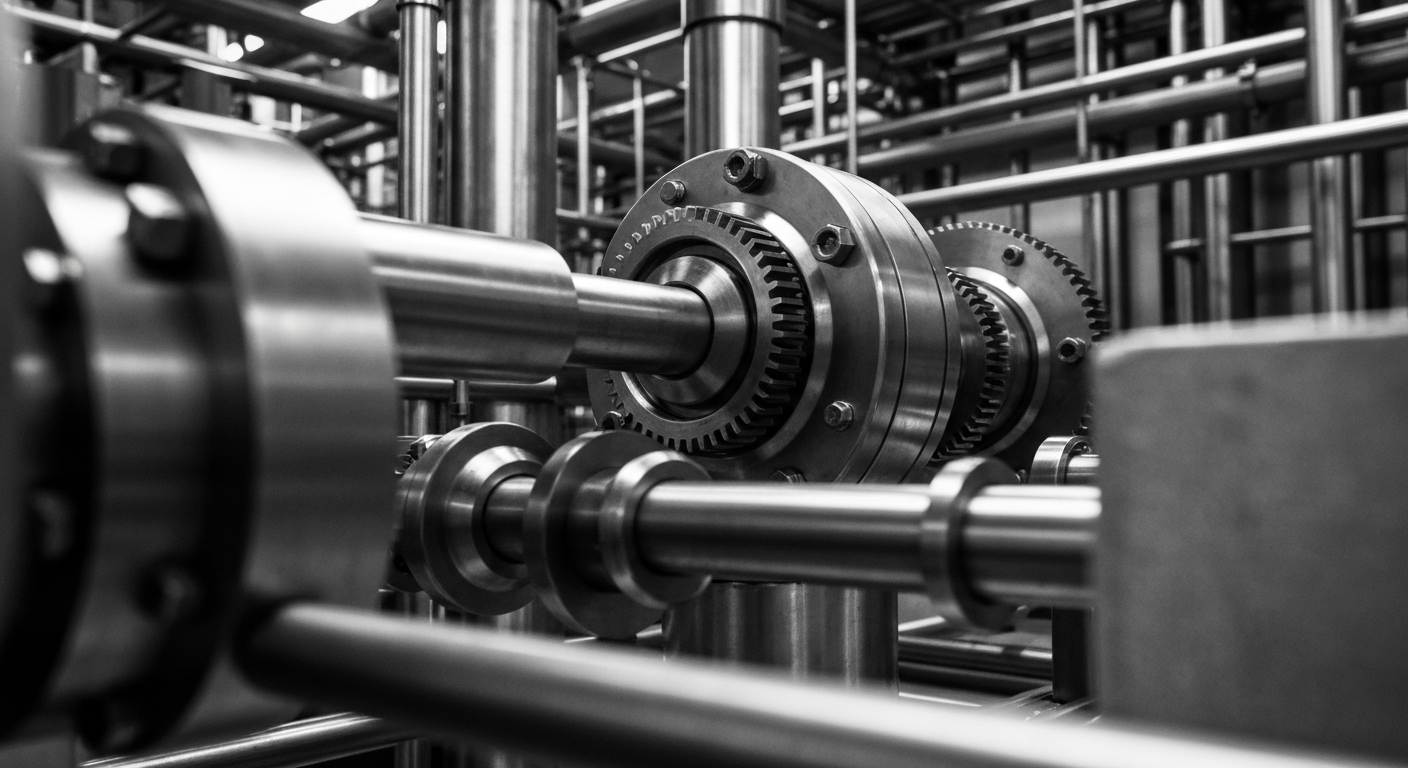 A high-contrast black and white close-up image of the intricate mechanical components and gears inside a pharmaceutical manufacturing facility, conveying the industrial power and scale of the pharmaceutical industry.