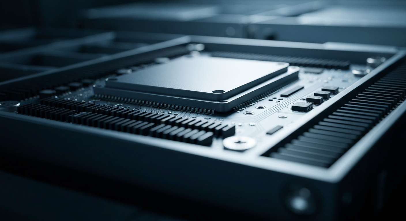An extreme close-up of various metal and electronic components that make up the inner workings of banking and investment technology, conveying the idea of the complex financial infrastructure that powers institutional investing.