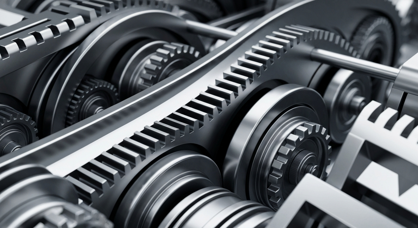 An extreme close-up of intricate, metallic banking machinery and gears, conveying the institutional power and financial infrastructure behind NVIDIA's semiconductor business.