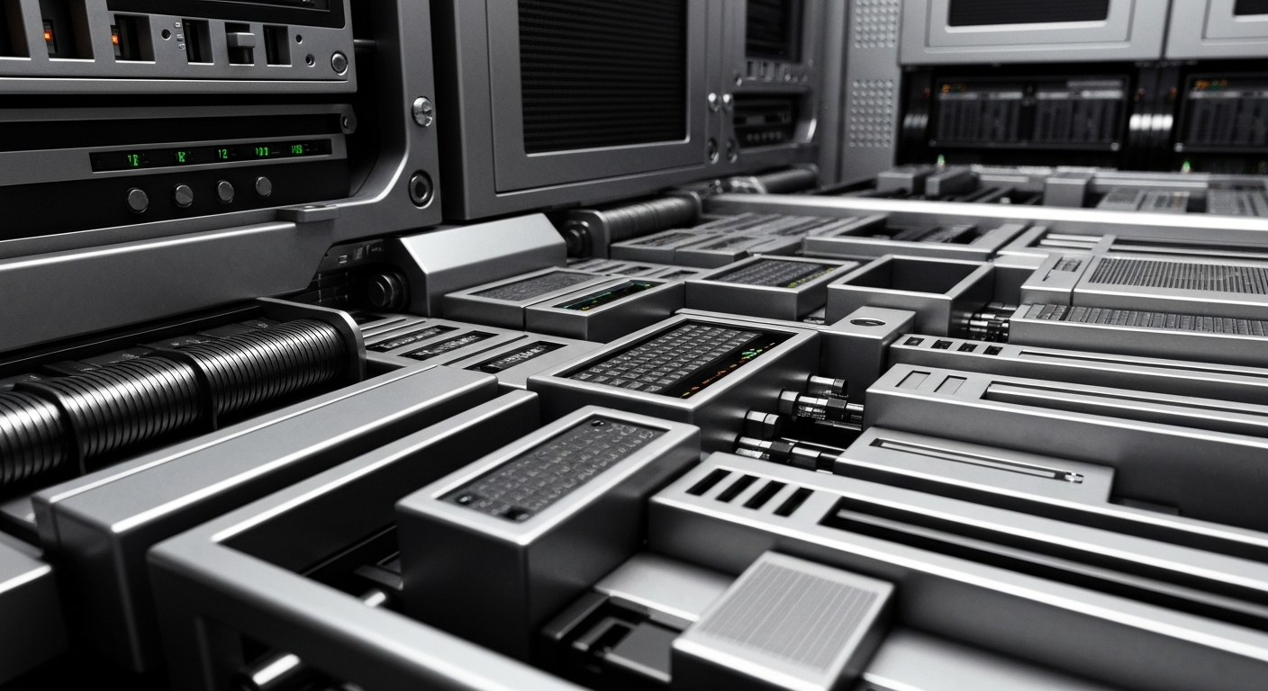 A highly detailed, cinematic close-up image of heavy, industrial banking machinery and computer hardware in shades of silver, steel, and black, conveying a sense of institutional financial power and security without using literal currency or charts.