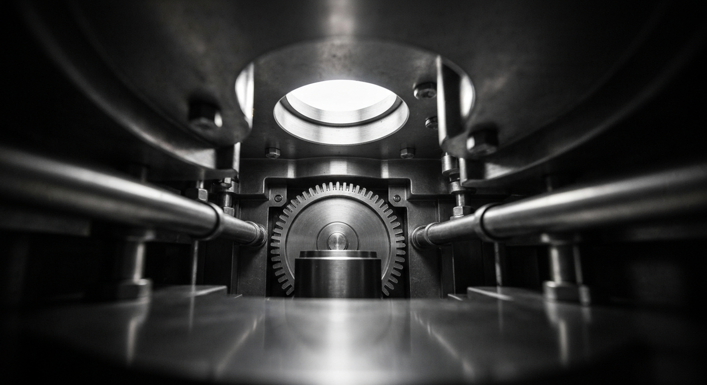 An extreme close-up of the intricate inner workings of a bank vault, with heavy, polished metal gears and mechanisms casting dramatic shadows against a dark background, representing the secure, institutional nature of financial investments.