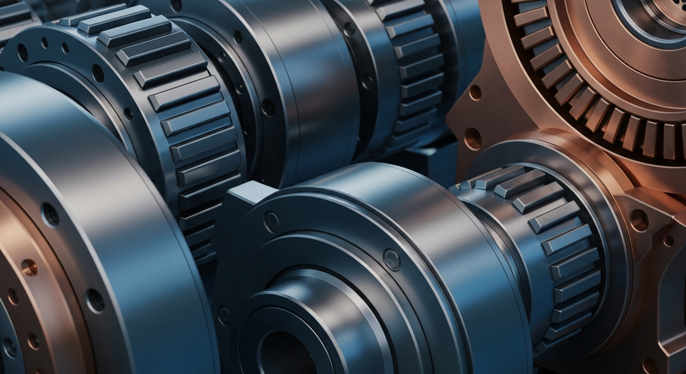 An extreme close-up of heavy, intricately engineered industrial machinery in shades of grey, blue, and copper, conceptually representing the sophisticated engineering behind Power Solutions International's powertrain systems.