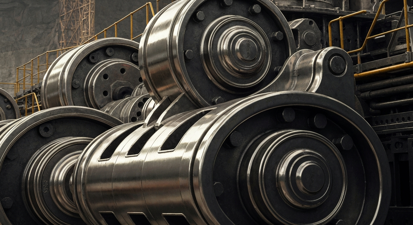 An extreme close-up of gleaming, intricate mining machinery and equipment, conveying the industrial scale and tangible wealth of Newmont's operations.