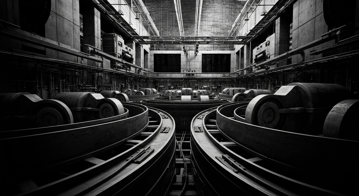 An extreme close-up of complex, industrial-looking financial machinery and equipment, conveying a sense of the institutional power and infrastructure behind modern investment decisions.