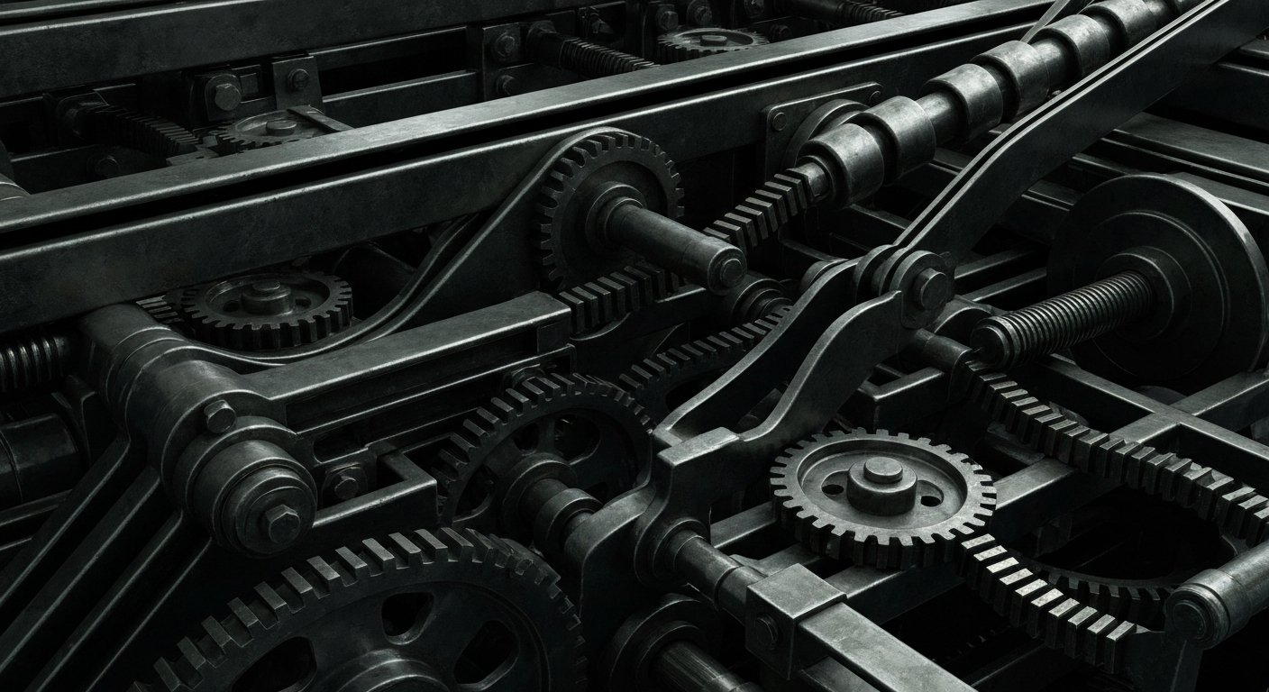 A highly detailed, black-and-white close-up image of various industrial gears, levers, and other heavy machinery, conceptually representing the complex financial infrastructure underlying the mobile advertising technology industry.