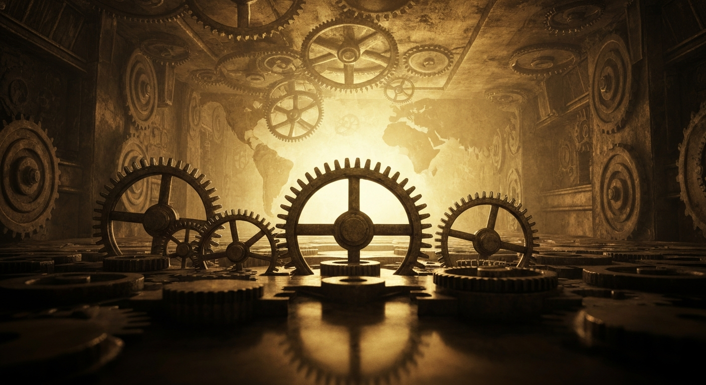 An extreme close-up of a complex array of metal gears, levers, and other machinery, conceptually representing the financial infrastructure and operations of a major real estate investment trust.