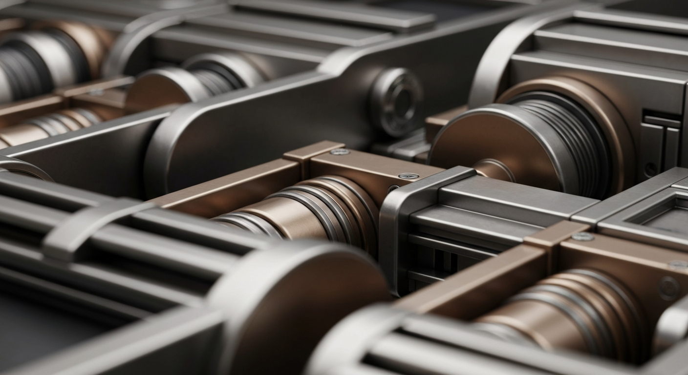 A highly detailed, macro-level view of the inner workings of banking equipment and machinery, capturing the industrial, mechanical nature of the financial sector in a visually striking, non-literal manner.