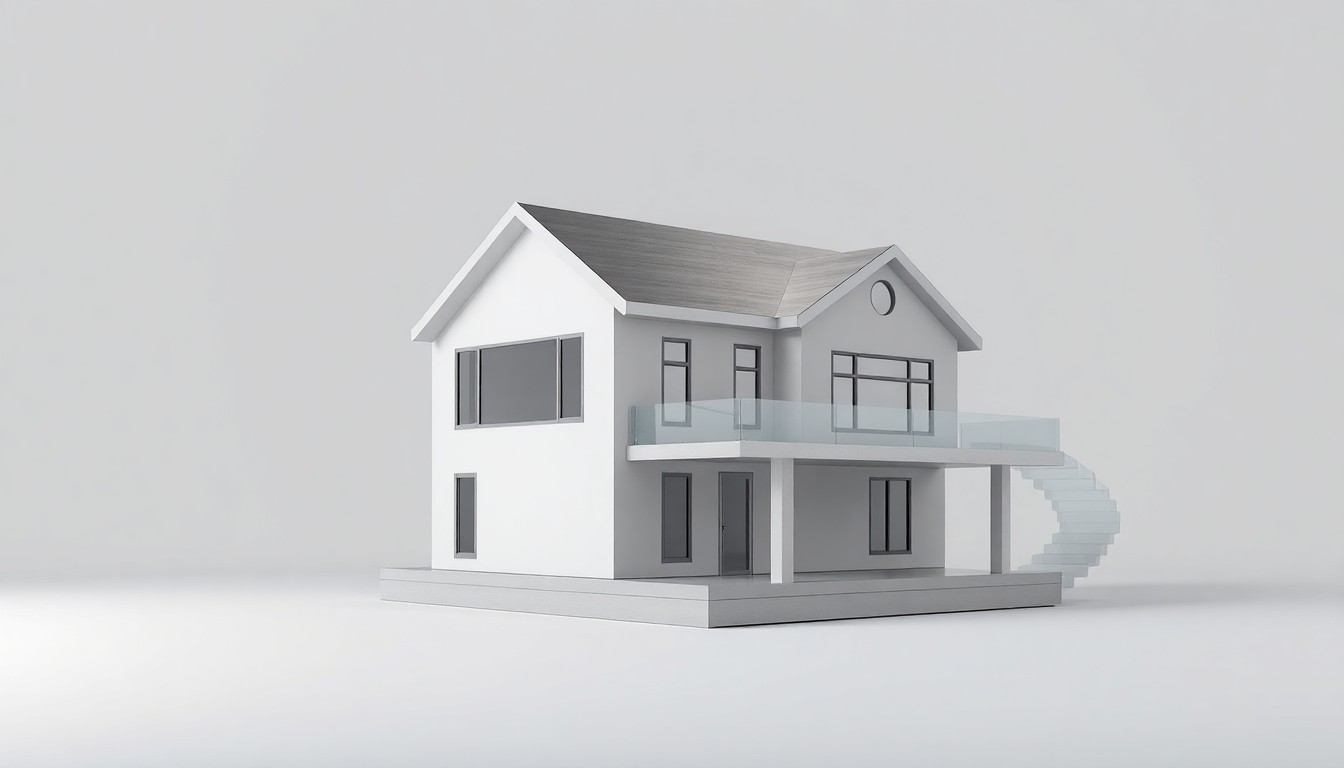 A high-end, photorealistic studio still-life photograph featuring a polished, geometric model home sculpture made of premium materials like brushed aluminum and tempered glass, floating elegantly on a clean, monochromatic background with dramatic studio lighting and deep shadows.