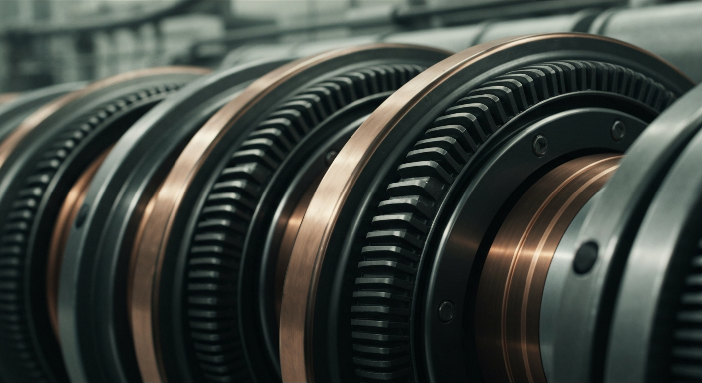 An extreme close-up of industrial banking equipment and machinery, conveying the heavy, physical nature of the financial infrastructure underlying government services providers.