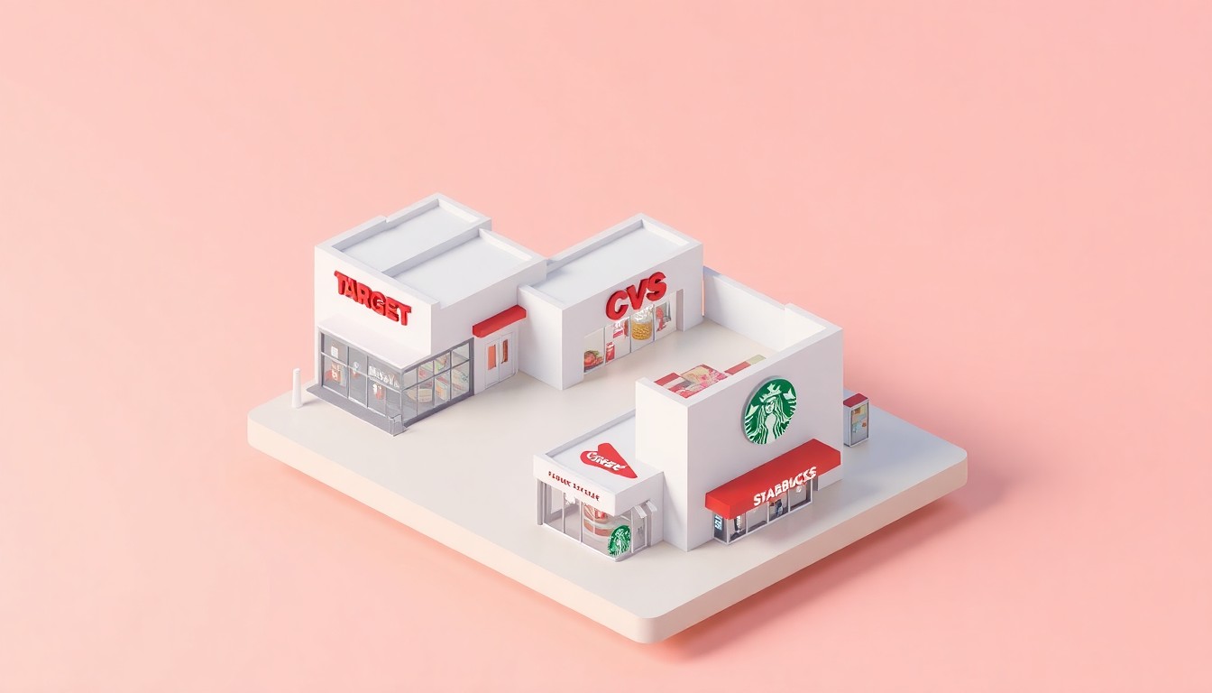 A minimalist, isometric 3D illustration depicting a stylized retail environment with a Target store, a CVS Pharmacy, and a Starbucks Café, all rendered in bold, vibrant colors and soft lighting to conceptually represent Target's new store openings in New Jersey.