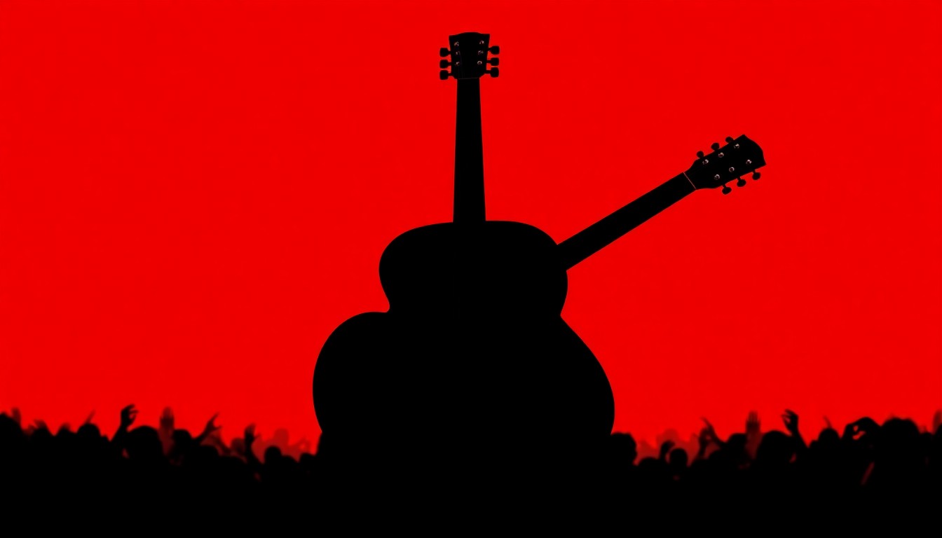 A stark, minimalist illustration featuring a black guitar silhouette against a bright red background, evoking the energy and emotion of a farewell concert for a legendary country music performer.