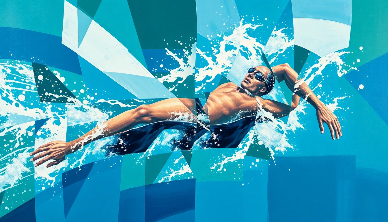 A fragmented, geometric painting depicting the dynamic movements of a swimmer, with sharp planes of deep blues, greens, and white, conceptually representing the emotional and physical journey of an athlete overcoming adversity.