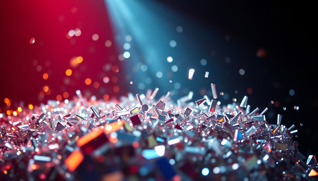 An extreme close-up photograph featuring a dramatic, high-contrast composition of shattered glass shards reflecting bright stage lights, conveying the celebratory energy and visual spectacle of a Bruno Mars concert performance.