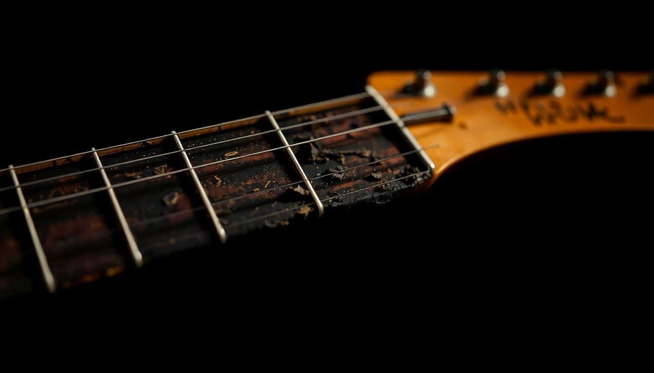 An extreme close-up of a weathered, textured guitar neck, capturing the gritty, authentic spirit of a lifelong musician.