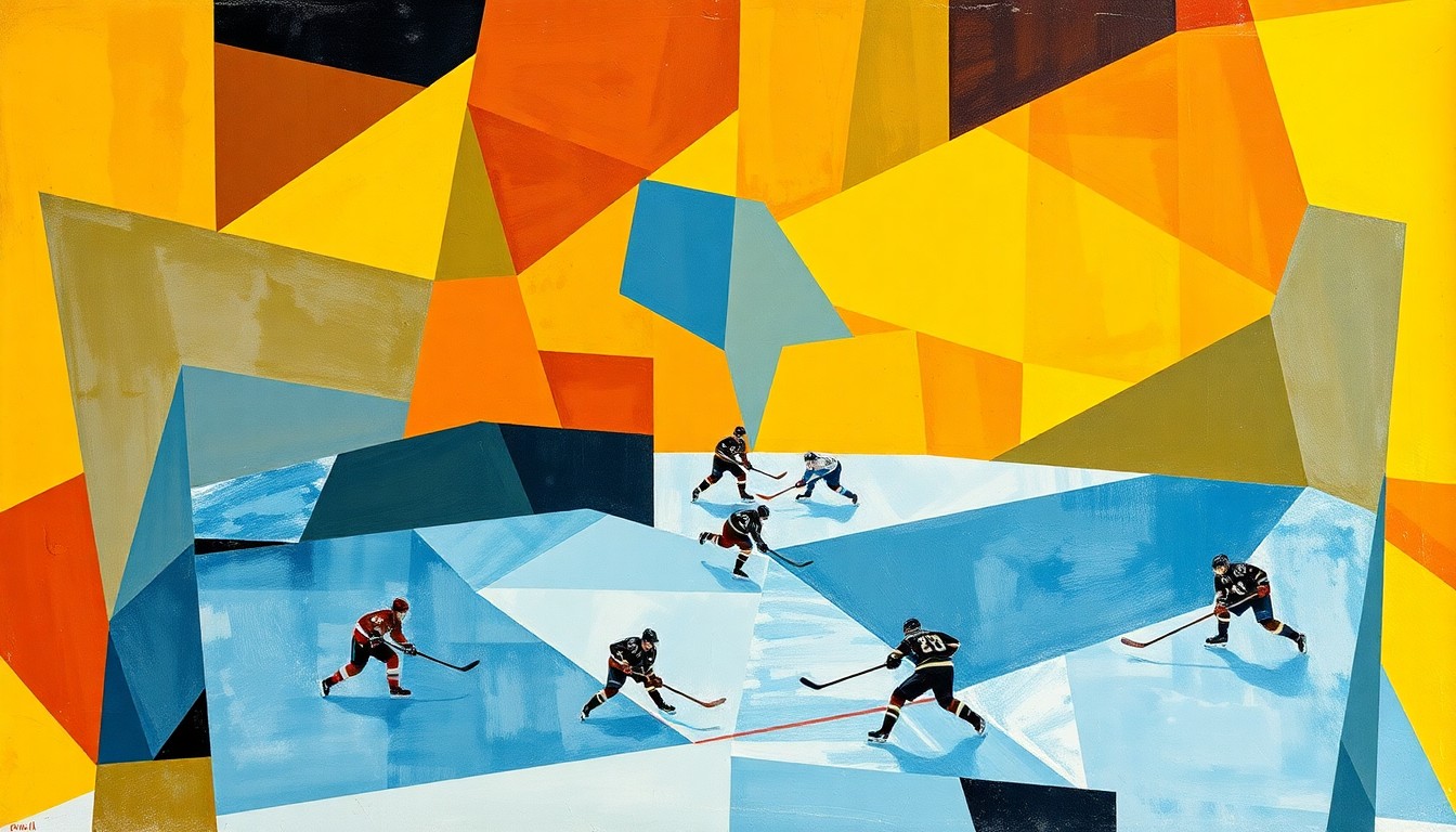 A cubist, geometric painting depicting a hockey game in abstract, overlapping shapes and planes of color, capturing the dynamic energy of the sport.