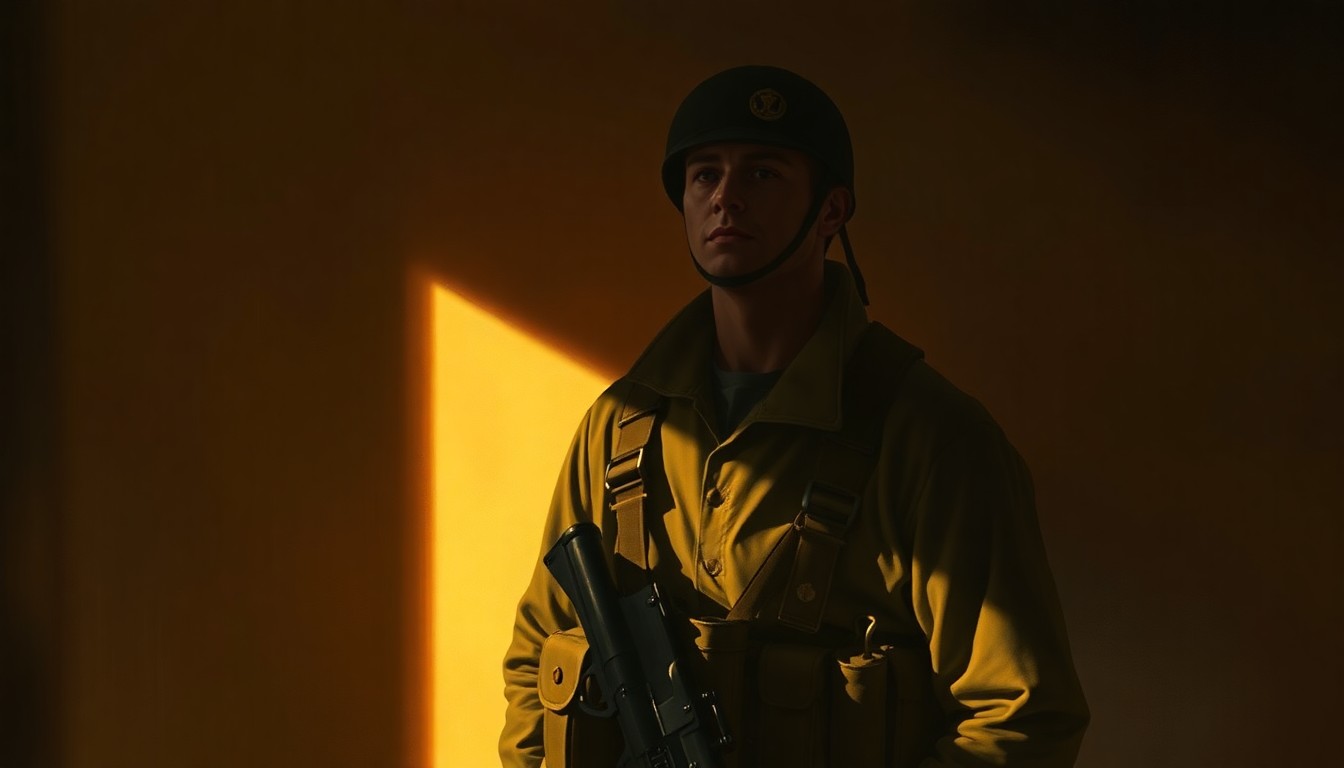 A solitary military uniform and gear, illuminated by warm, natural light, conveying a sense of quiet dignity and purpose.