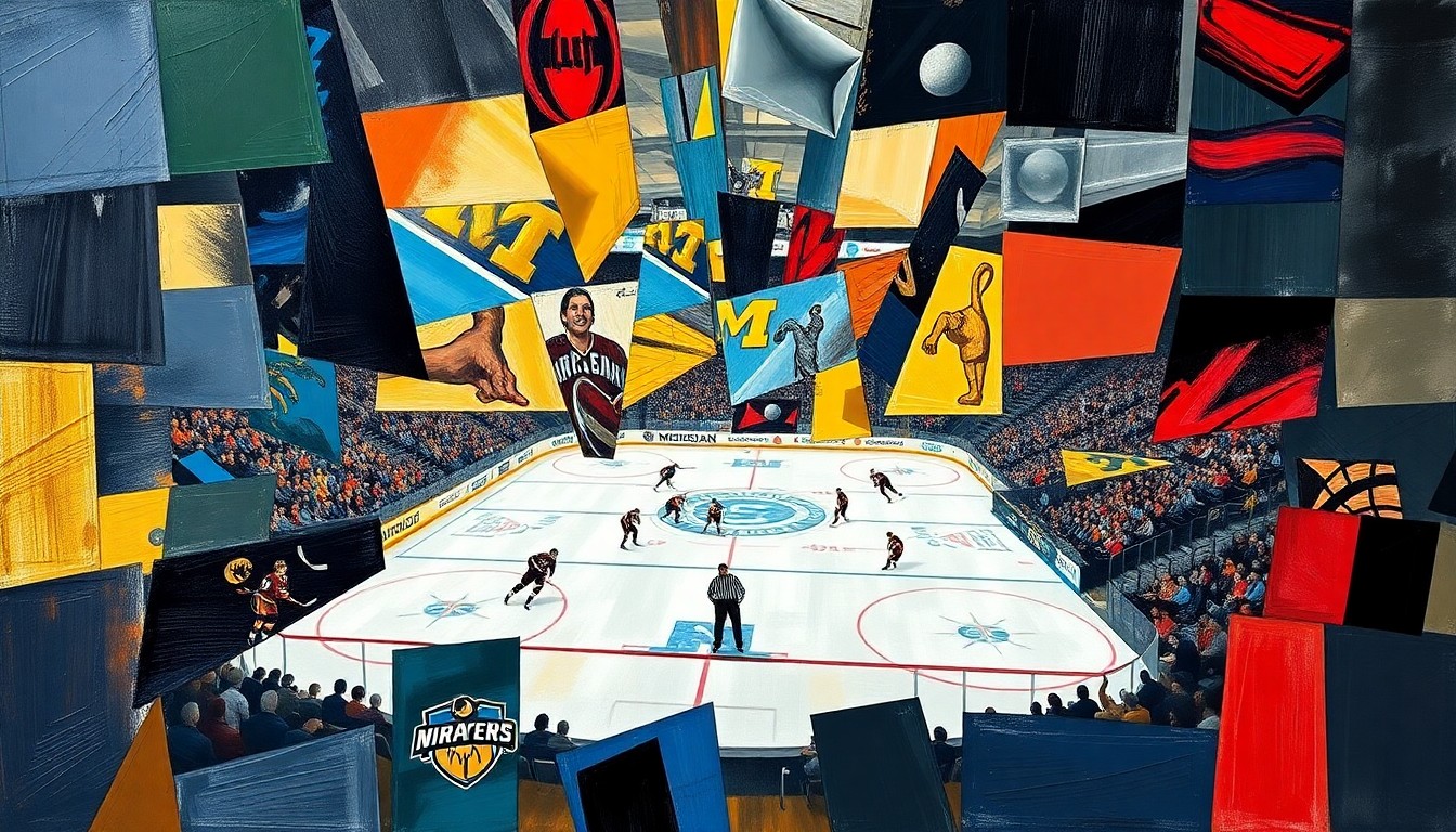 A cubist, geometric painting depicting a hockey game, with sharp, overlapping planes of color and form representing the dynamic action on the ice.