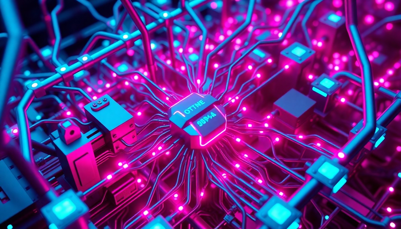 A highly detailed, glowing 3D illustration of a complex AI neural network infrastructure, with neon lights illuminating the intricate cybernetic hardware, conceptually representing the technological battle between the US and China over AI supremacy.