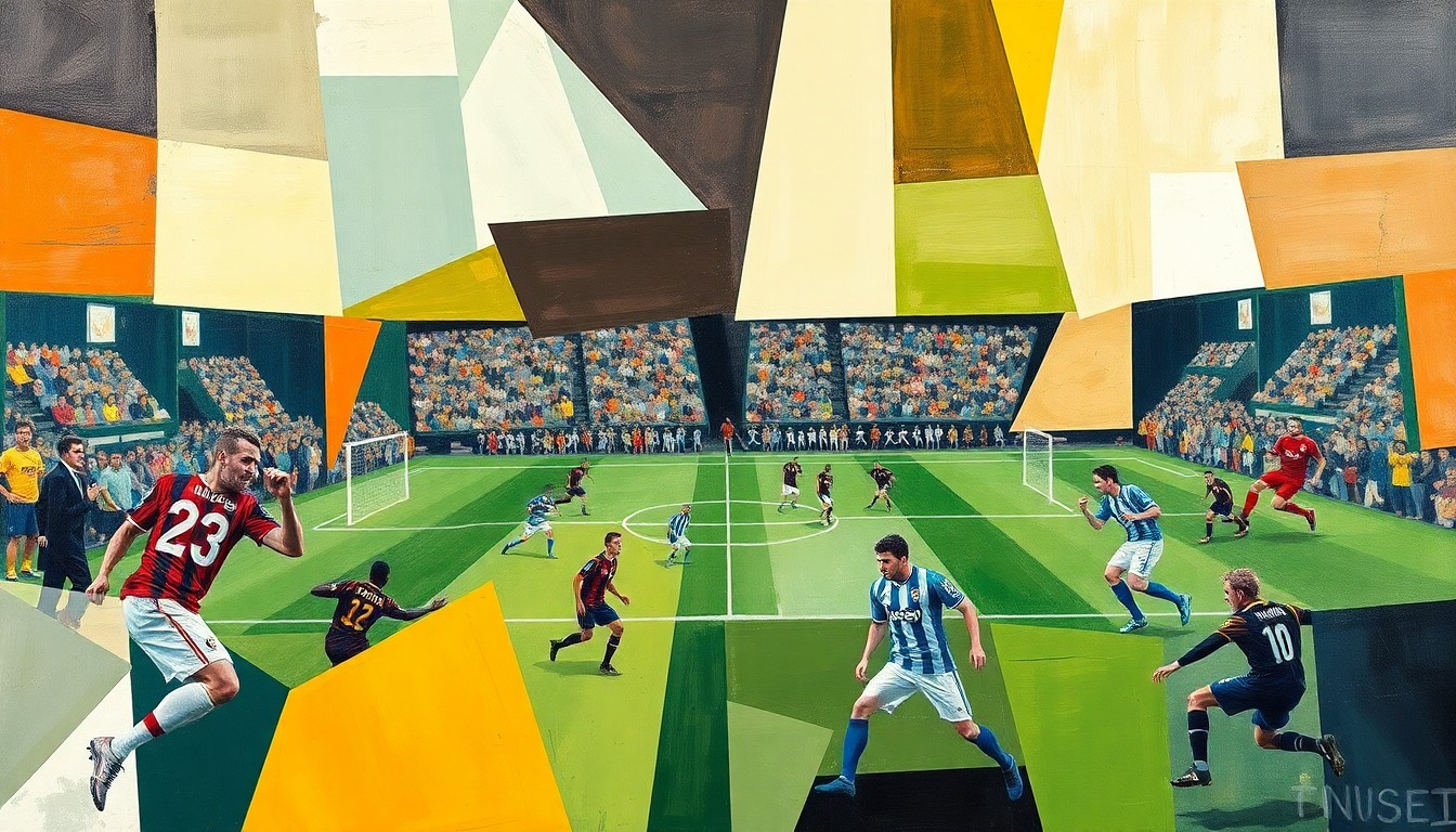 A cubist, geometric painting depicting a football game or match, with the players and field broken down into abstract shapes and planes of color, creating a dynamic and visually striking representation of the uncertainty surrounding the Steelers' quarterback position.