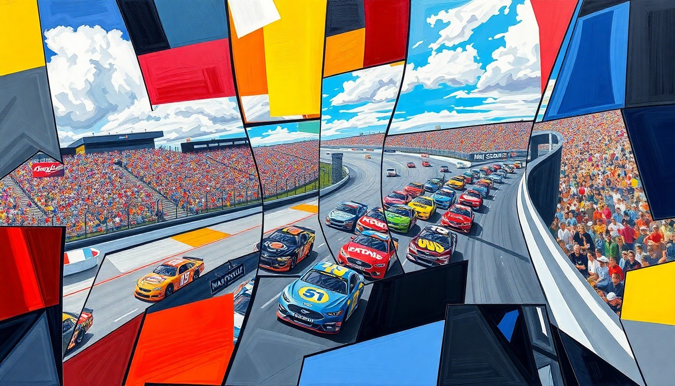 A cubist, geometric painting depicting a NASCAR race at Martinsville Speedway, with the cars and track broken down into sharp, overlapping planes of color, capturing the dynamic energy of the event.