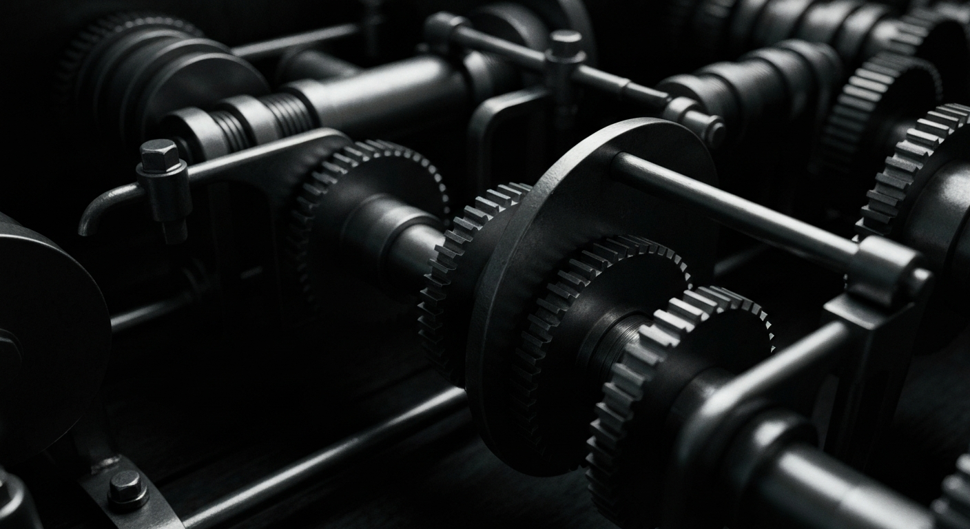 An extreme close-up of various metal gears, levers, and components that make up the internal mechanics of a banking system, conveying the idea of the robust infrastructure and technology that underpins the financial industry.