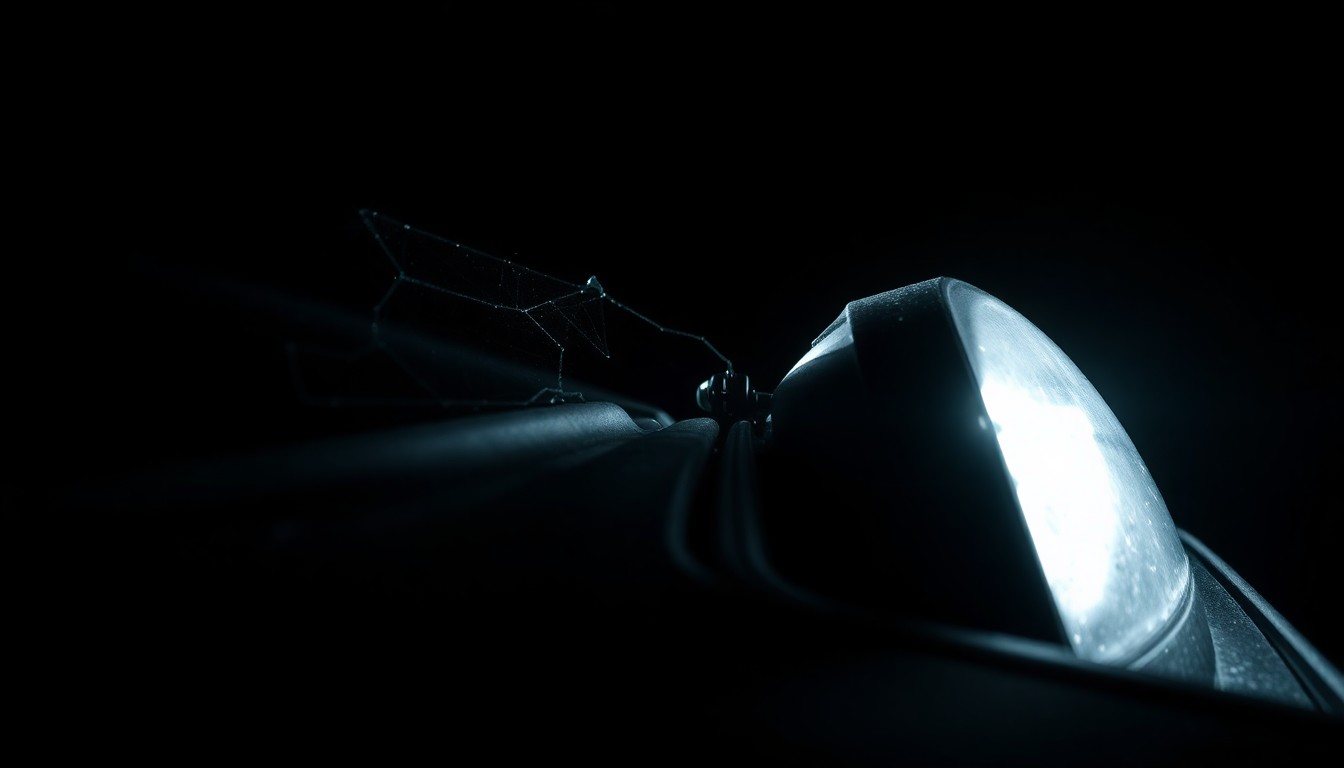 An extreme close-up photograph of a damaged car part, such as a cracked windshield or twisted metal, lit by a harsh, direct camera flash against a pitch-black background, conceptually illustrating the aftermath of a fatal car crash.