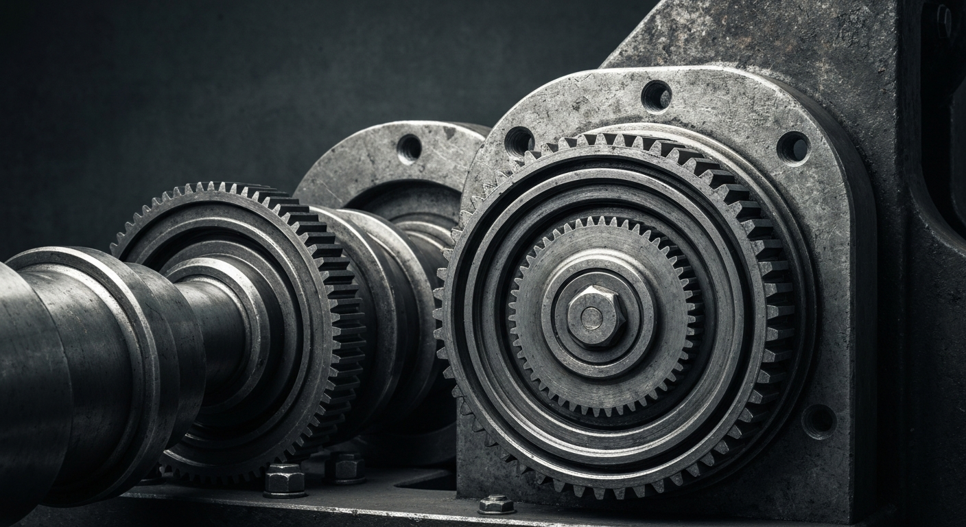 An extreme close-up of intricately engineered HVAC parts and machinery, conveying the heavy, industrial nature of the construction equipment supply chain.