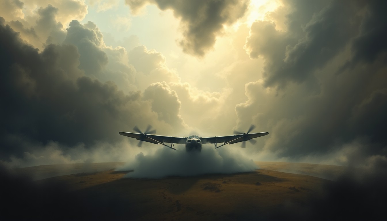 A sweeping landscape painting in muted tones, with a small, damaged single-engine plane barely visible through heavy fog and dramatic lighting, conveying the fragility of human technology against the overwhelming power of nature.