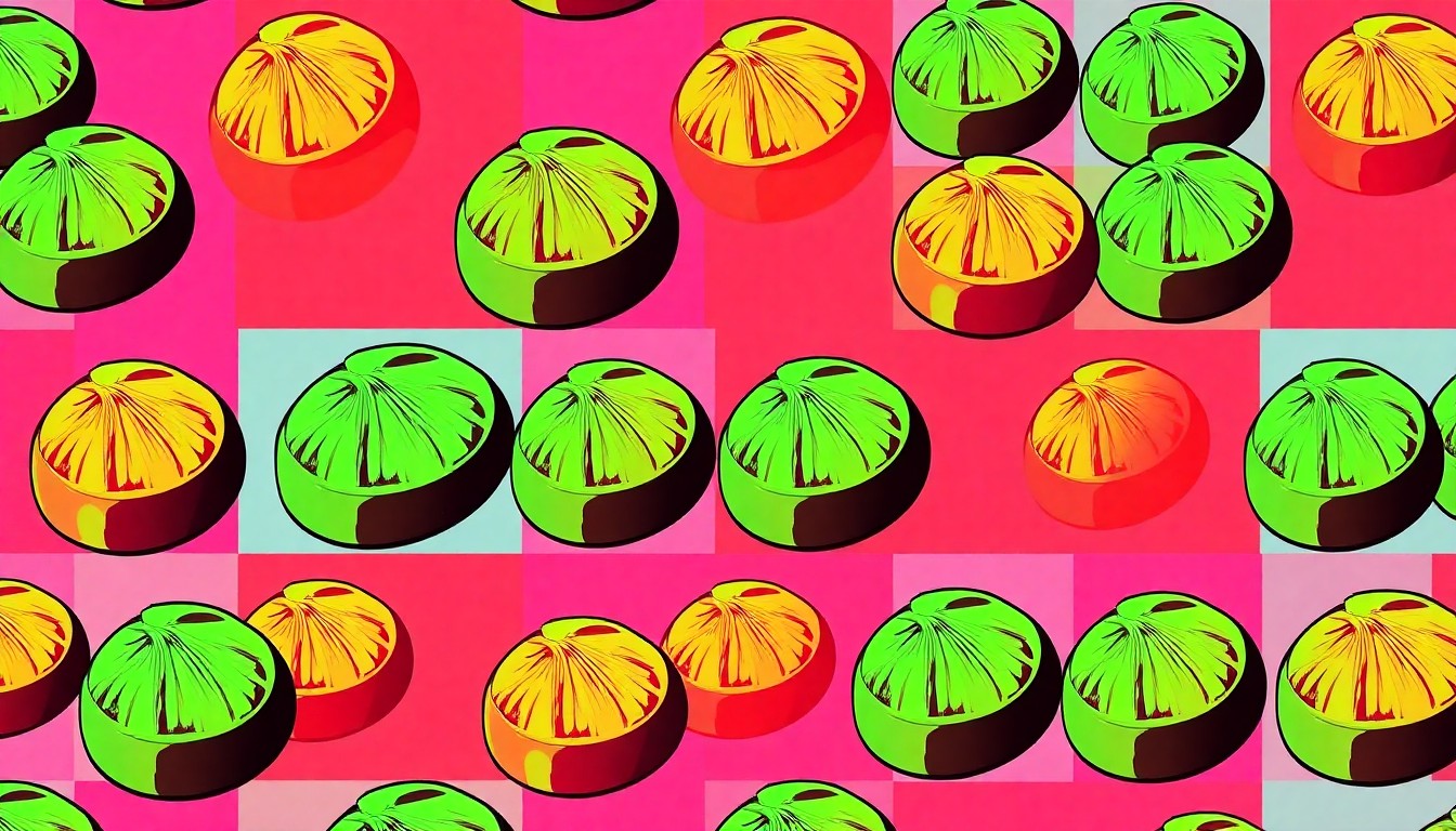 A high-contrast silkscreen print of a single, iconic dim sum item such as a steamed bun or shrimp dumpling, repeated in a tight grid pattern and rendered in a bold, neon color palette, conceptually representing the classic Cantonese cuisine served at Golden Unicorn.