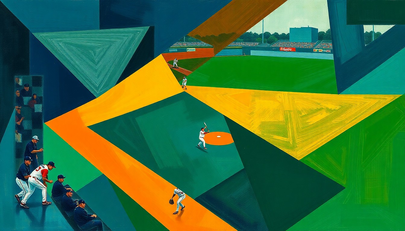 A fragmented, cubist-style painting depicting a baseball game, with the players and field broken down into sharp, angular shapes in a bold color palette, capturing the intensity and energy of the matchup.
