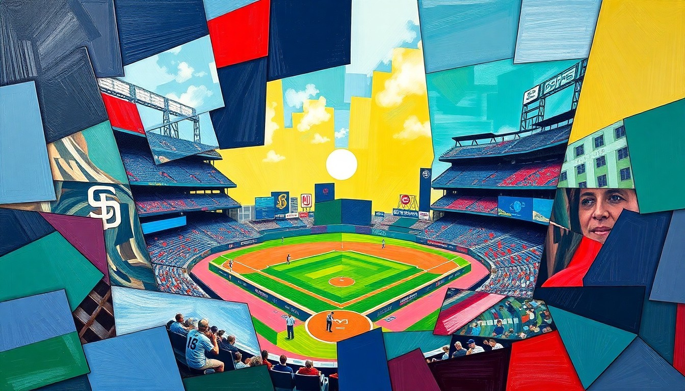 A fragmented, cubist-style painting depicting a baseball game in progress, with the players and field broken down into sharp, overlapping geometric shapes in a vibrant color palette.
