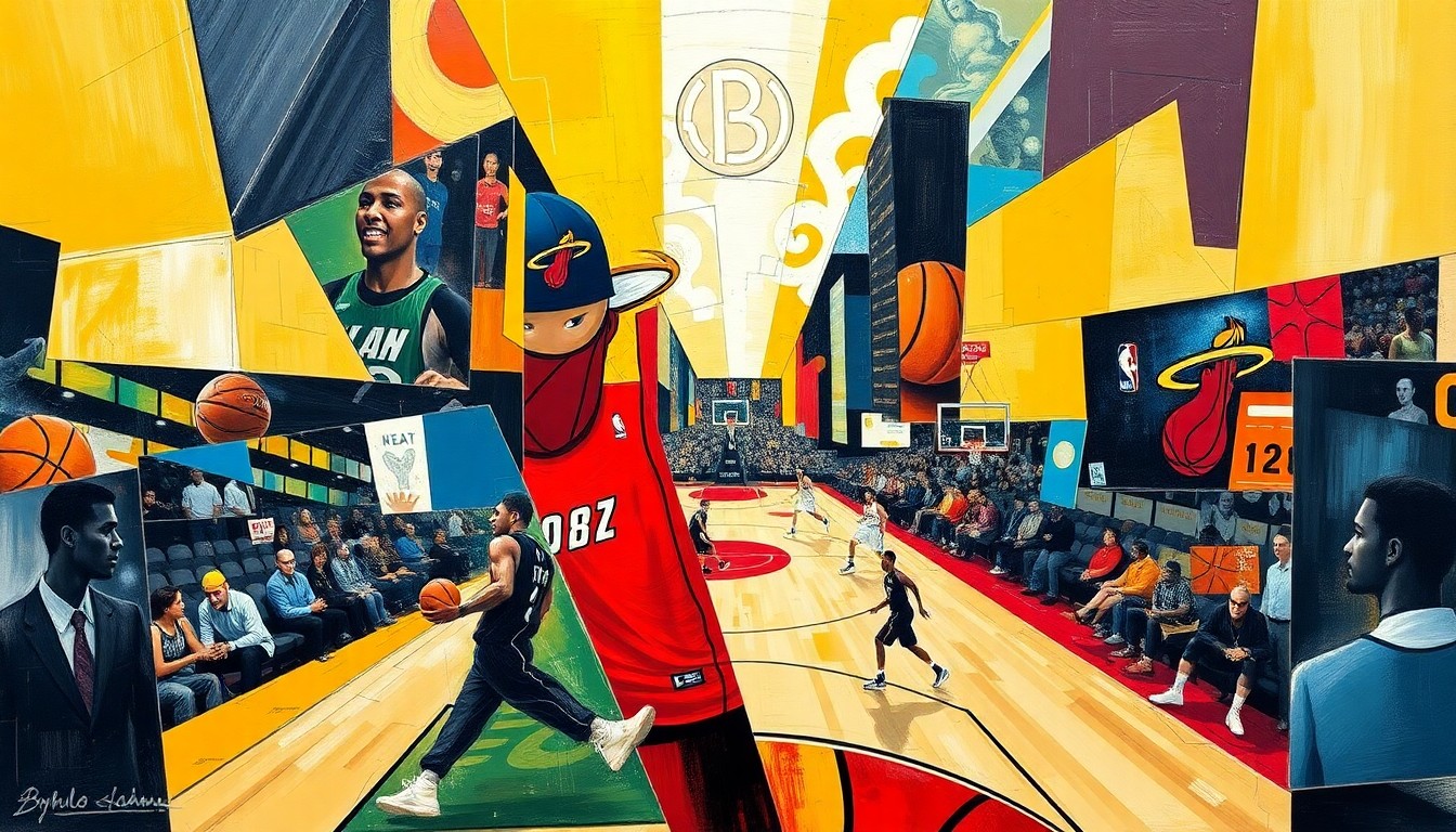 A cubist, geometric painting depicting an NBA basketball game between the Atlanta Hawks and Miami Heat, with the players and court broken down into sharp, overlapping shapes and planes of color.