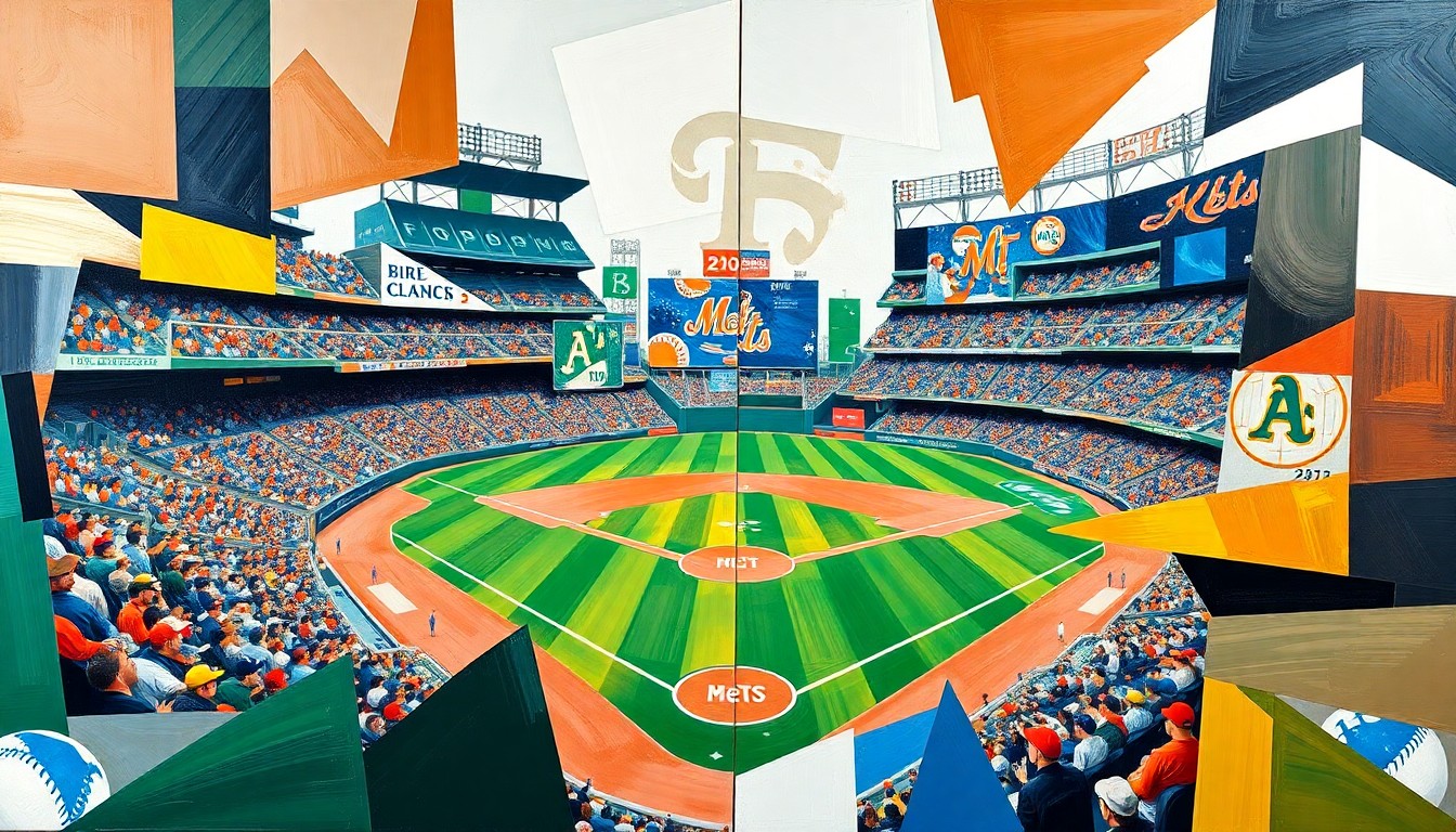 A fractured, geometric painting in vibrant shades of green, gold, blue, and orange, depicting the abstract movements and energy of a baseball game between the Athletics and Mets.