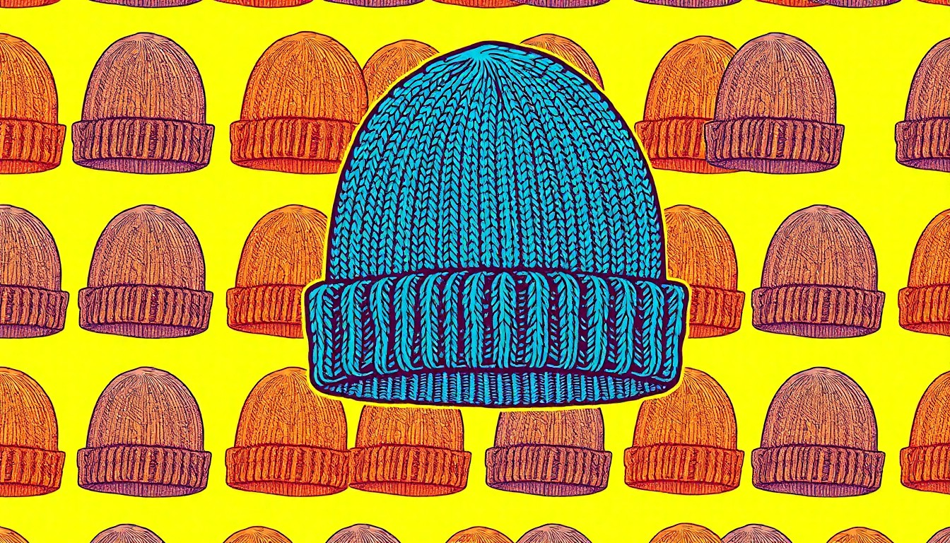 A grid of brightly colored, high-contrast silkscreen prints of a gray knit beanie with a silver fabric lining, conceptually representing the writer's purchase of an EMF-blocking hat that failed to live up to its promises.