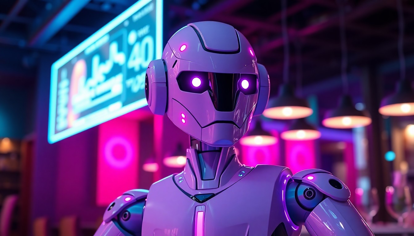 A highly detailed, glowing 3D illustration of a robot server with illuminated cybernetic components, representing the integration of technology and automation in the Indian restaurant industry.