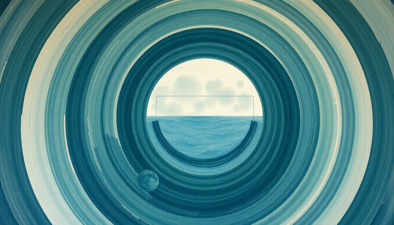 An abstract, highly structured painting in soft, earthy tones of blue, green, and gray, depicting the Earth setting behind the lunar horizon in a sweeping, geometric composition that evokes the structural order of the universe.