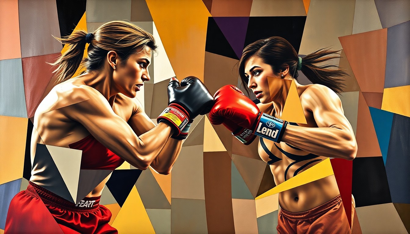A fractured, multi-perspective painting in the style of Pablo Picasso, breaking a boxing match down into sharp, overlapping geometric planes and capturing the intensity and dynamism of the sport.