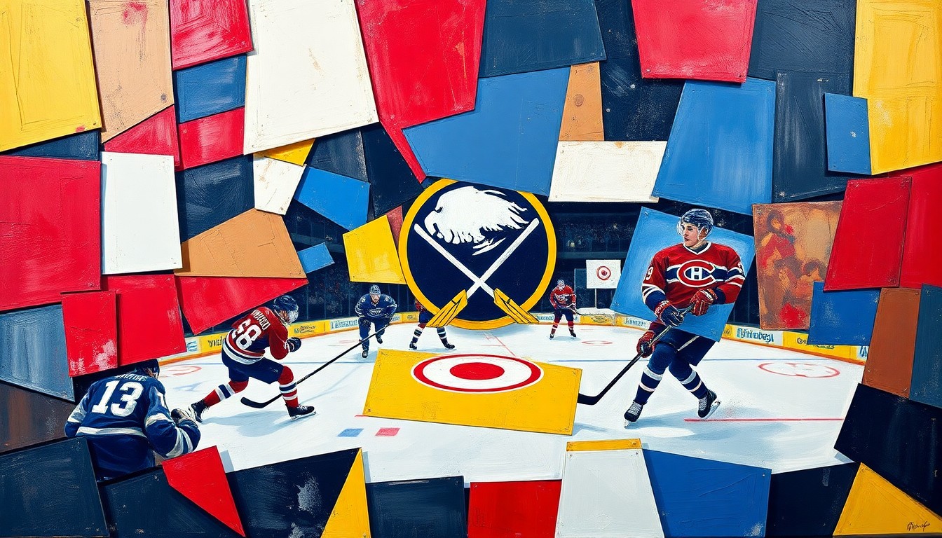 A vibrant, geometric painting depicting a hockey game or match, with sharp, overlapping planes of navy blue, gold, red, and white, conceptually representing the unpredictable nature of the NHL playoff race.