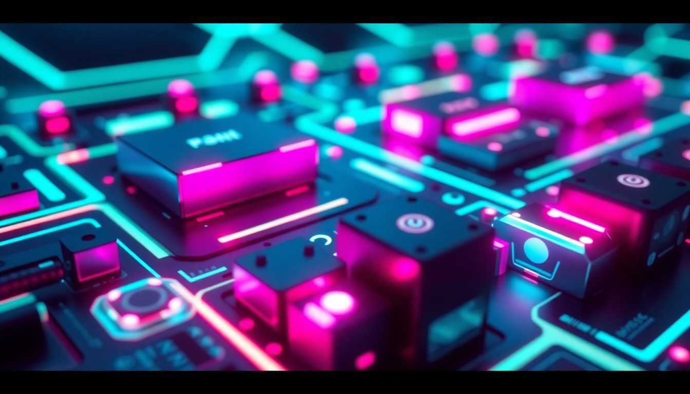 A highly detailed, glowing 3D illustration of a futuristic, illuminated tech accelerator program interface, with sleek geometric hardware components emitting neon cyan and magenta lights, conceptually representing the innovative and technology-driven nature of the Neo Residency program.