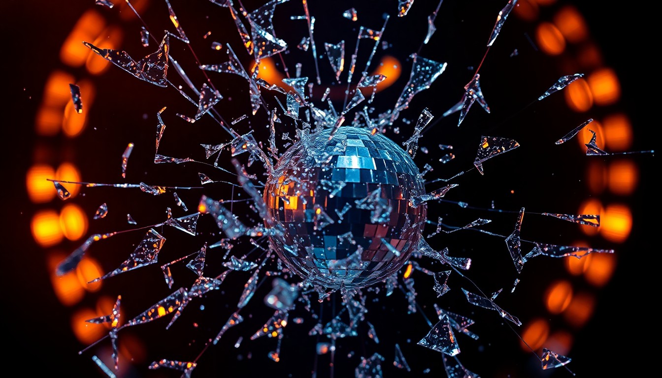 An abstract close-up image of shattered glass reflecting bright studio lights, conveying the high-stakes drama and glamour of reality television.