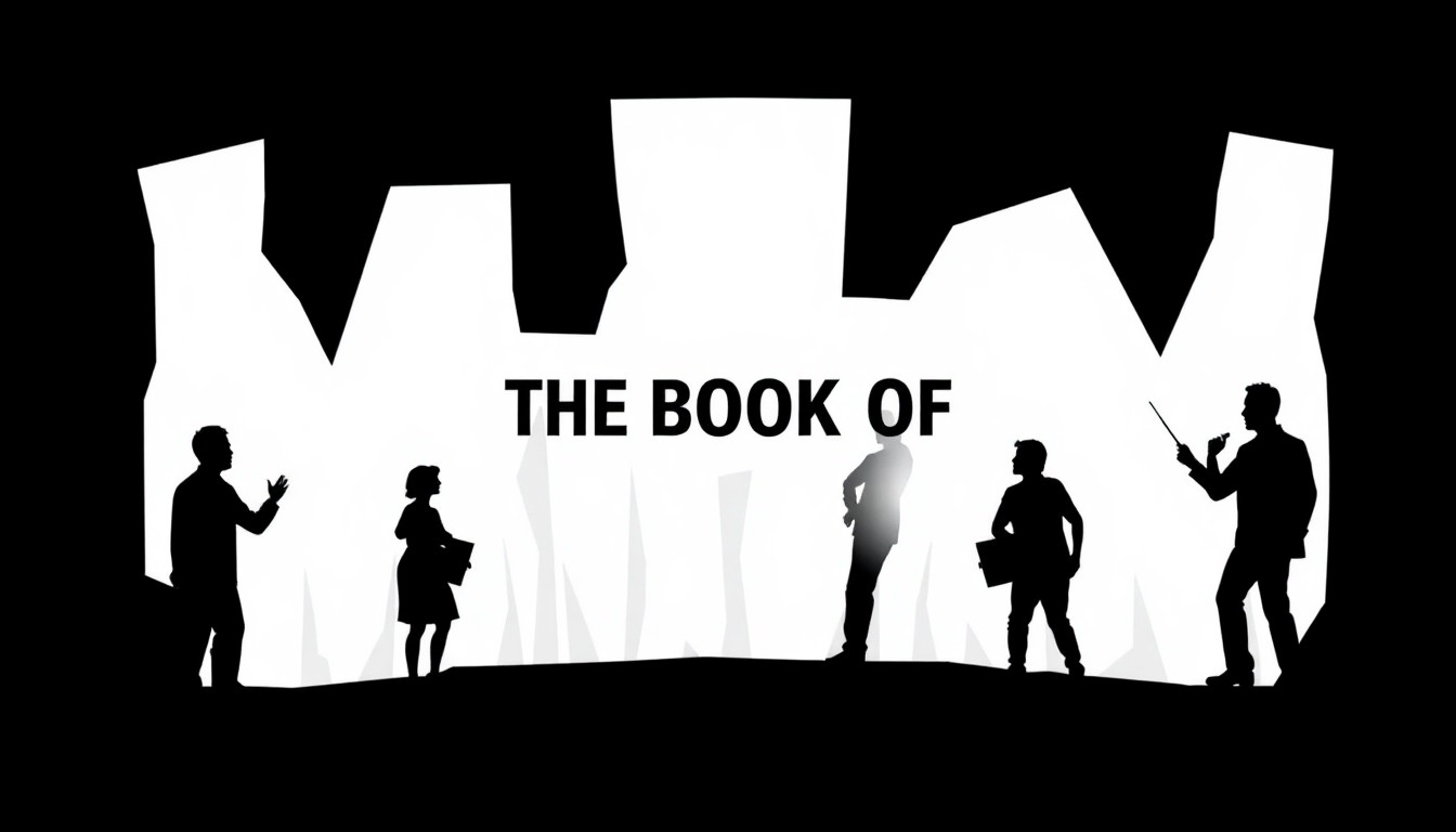 An abstract, minimalist illustration in the style of Saul Bass, featuring sharp, jagged geometric shapes and bold black silhouettes that conceptually represent the themes of ambition, identity, and purpose in the musical 'The Book of Mormon'.
