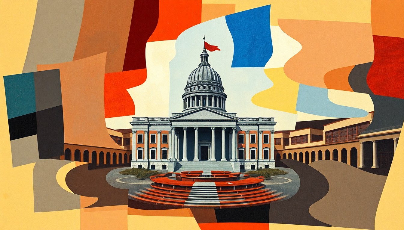 A dynamic, abstract painting featuring overlapping, geometric shapes and waves of color, representing the complex and turbulent nature of the political situation.