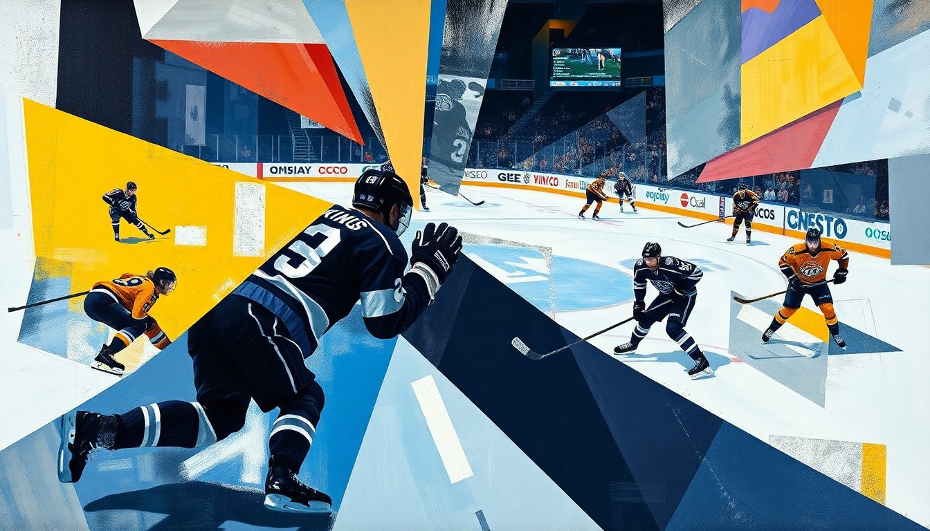 A fractured, multi-perspective painting in vibrant colors, breaking down a hockey game into sharp, overlapping geometric planes that capture the energy and movement of the players on the ice.