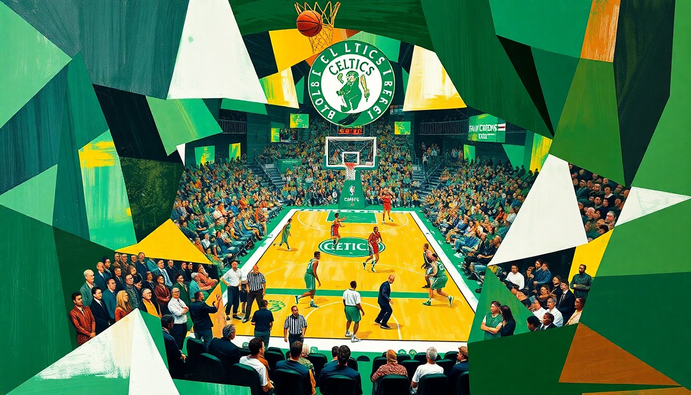A cubist-style painting depicting a Celtics basketball game, with the players and court broken down into overlapping geometric shapes in shades of green, white, and gold, capturing the intensity and movement of the game.