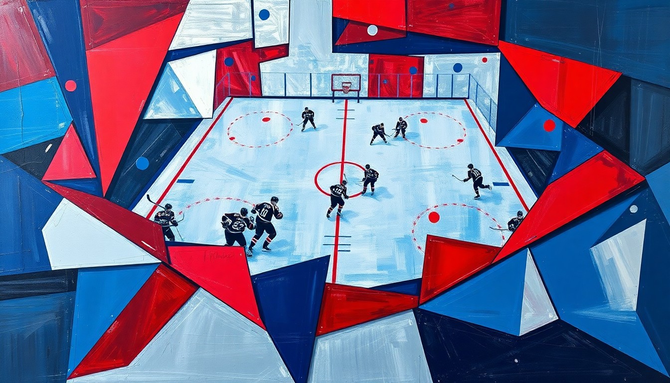 A cubist, geometric painting depicting a hockey game or match, with overlapping planes of navy blue, crimson red, and metallic silver, capturing the dynamic energy and skill of the sport.