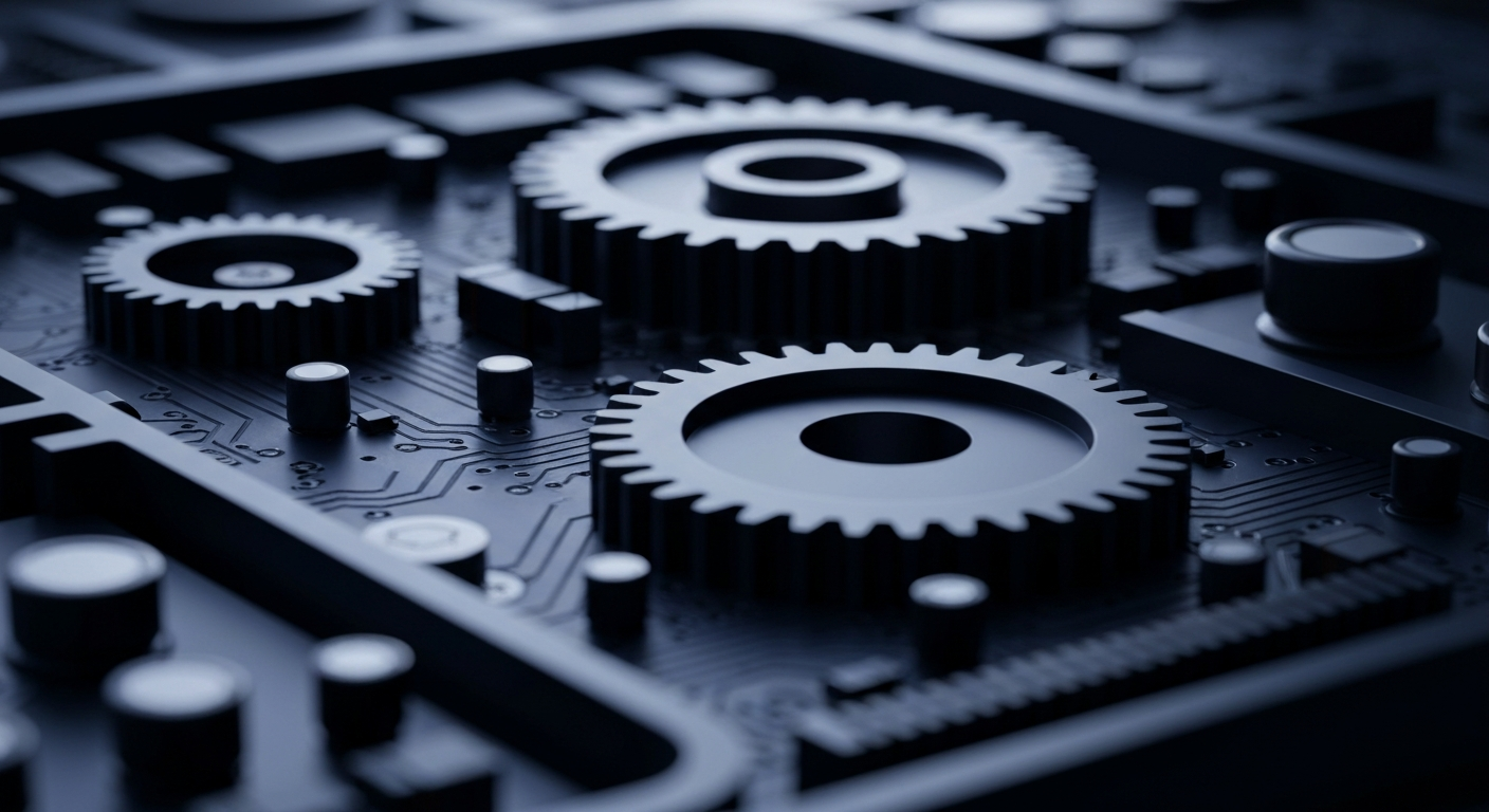 An extreme close-up of complex, interlocking banking and computer hardware components in a high-contrast, industrial style, representing the technological backbone of the financial sector.